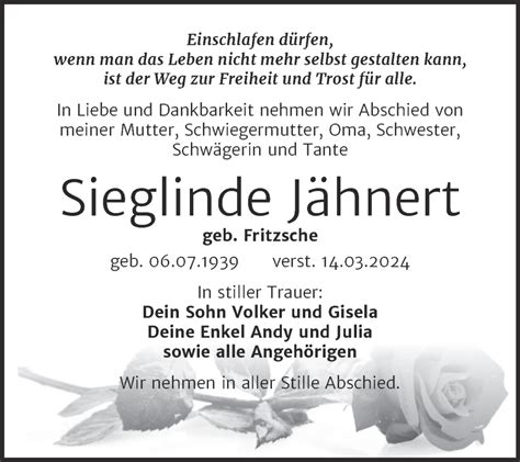 Traueranzeigen Von Sieglinde J Hnert Abschied Nehmen De