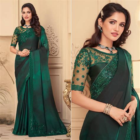 Bottle Green Floral Sequins Embroidered Art Silk Saree