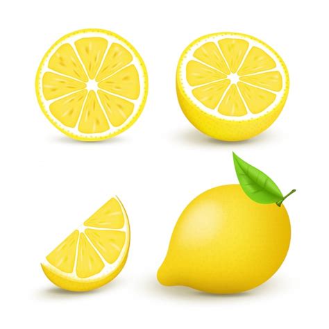 Premium Vector Juicy Lemon Set With Slice And Leaves Fresh Citrus