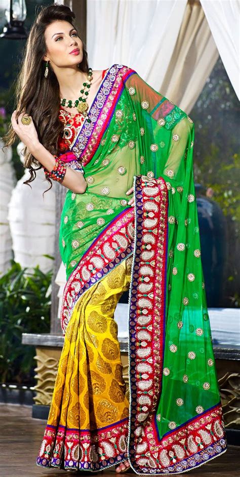 Gorgeous Green And Gold Embroidered Saree With Blouse Ig5415 At