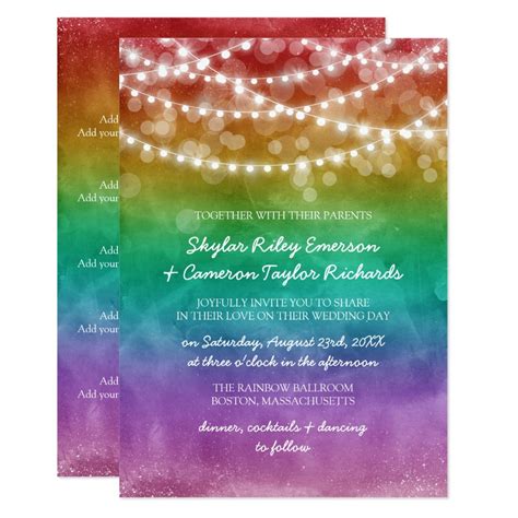 Colorful Gay Wedding Invitation Featuring Glowing String Lights Against A Dark Watercolor