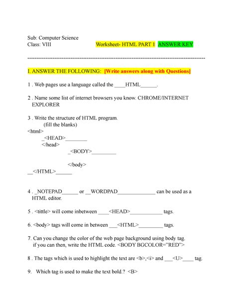 Viii Html Part Worksheet Sub Computer Science Class Viii