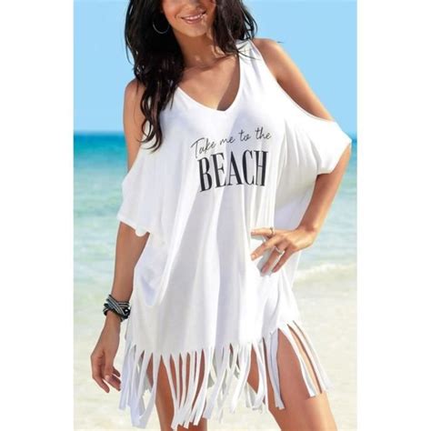 Robe de plage Femme paréo Coton tunique col V Sexy dété taille unique cover up bikini frange