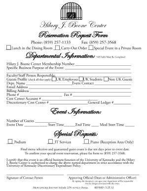 Fillable Online Uky Boone Center Reservation Request Form University