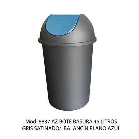 Bote De Basura Redondo Gris Satinado De 45 Litros Con Tapa Azul Tipo Balancin Liso Modelo 8837