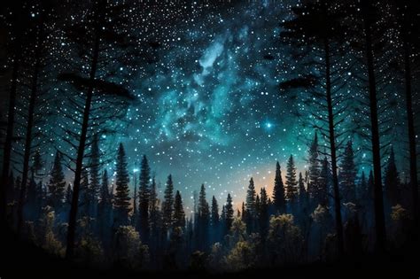 Premium Photo | A starry night sky with a forest scene in the background.