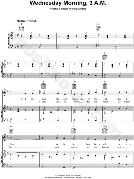 Simon And Garfunkel Wednesday Morning 3 A M Sheet Music In F Major Transposable Download