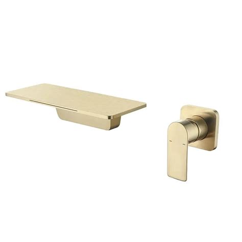 Waterfall Wall Mount Brushed Gold Single Handle Bathroom Sink Faucet Solid Brass