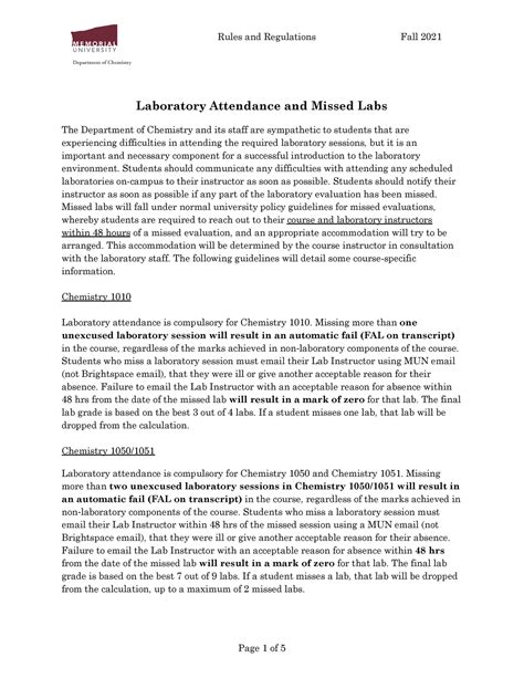 First Year Chem Lab Rules Reg F2021 Laboratory Attendance And Missed