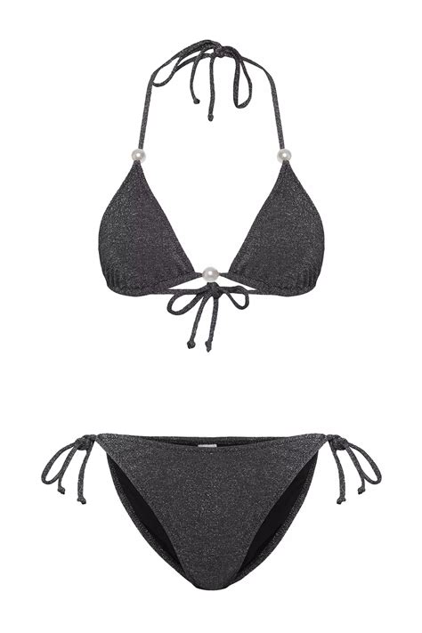Buy Trendyol Black Triangle Pearl Accessory Glittery Regular Bikini Set Online Zalora