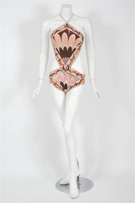 1969 Emilio Pucci Documented Pink And Brown Graphic Print Cut Out Bikini Swimsuit At 1stDibs