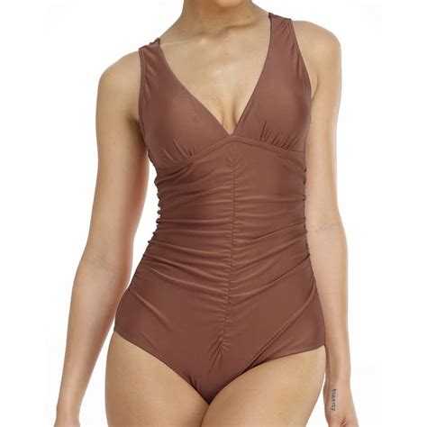 Liora Womens One Piece Swimsuits V Neck Swimwear Ruched Tummy Control