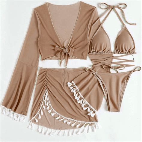 Summer Savings Four Piece Bikini Set Bandage Style Sexy Push Up Padded Swimsuit Solid Color