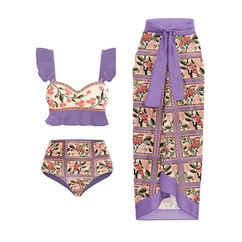 Fashion Ruffled Floral Embroidered Print Bikini Set Two Piece Brazilian Biquini Set Swimwear