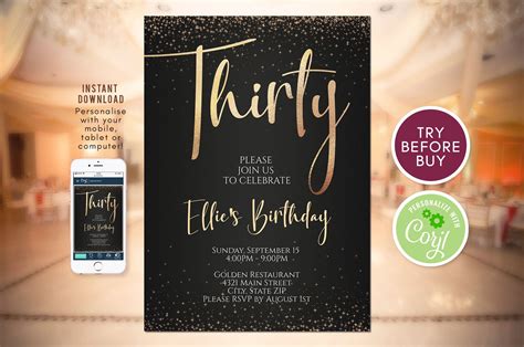 Black And Gold 30th Birthday Invitation Thirty Birthday Etsy 30th Birthday Invitations