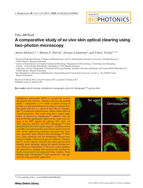 PDF A Comparative Study Of Ex Vivo Skin Optical Clearing Using Two