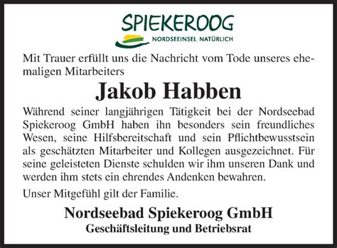 Traueranzeigen Von Jakob Habben Nordwest Trauer De