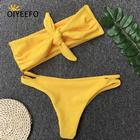 Buy Oiyeefo Solid Yellow Knot Beach Bikini Set Sexy