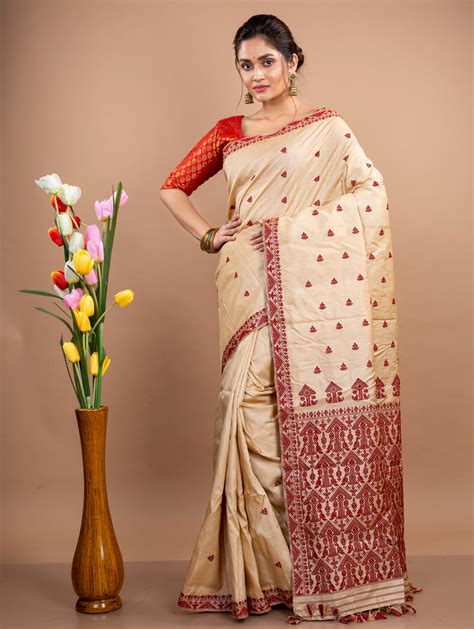 Assam Silk Saree Golden With Maroon Thread Work Artisansoul