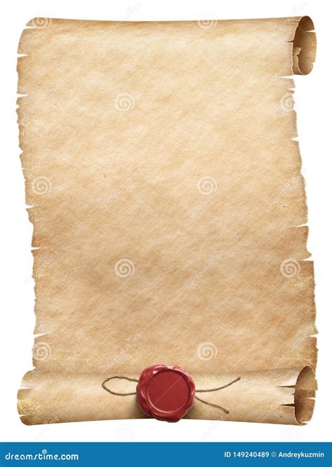 Old Parchment Scroll With Wax Seal With Thread Isolated Stock Image