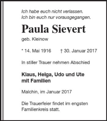 Traueranzeigen Von Paula Sievert Trauer Nordkurier