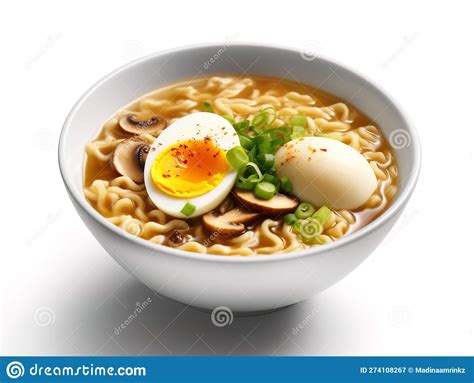 Ramen Soup With Noodles Leek Shiitake Mushroom And Soft Egg Isolated