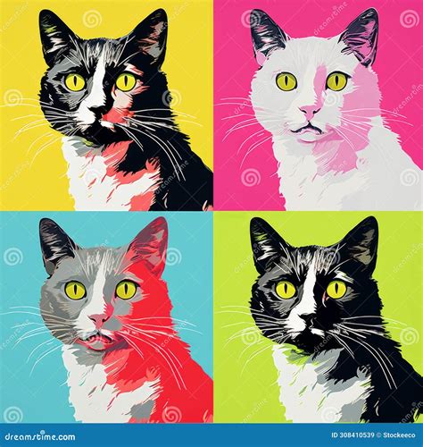 Colorful Pop Art Cat Portraits In The Style Of Andy Warhol Stock