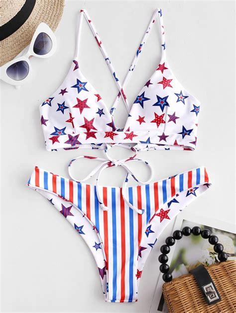 ZAFUL Reversible Bikini American Flag Lace Up Bralette Bikini