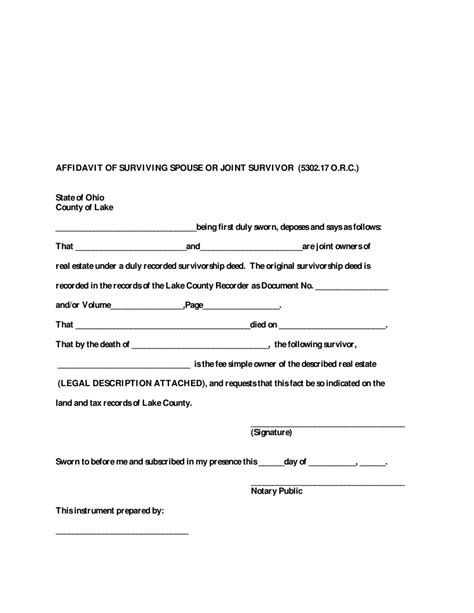 County Of Lake Ohio Affidavit Of Surviving Spouse Or Joint Survivor