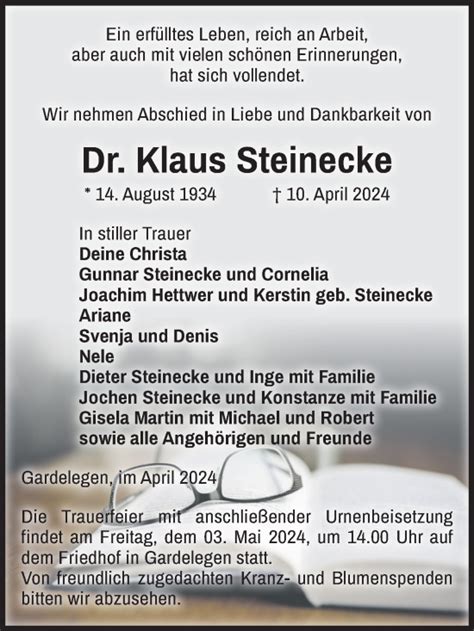 Traueranzeigen Von Klaus Steinecke Abschied Nehmen De