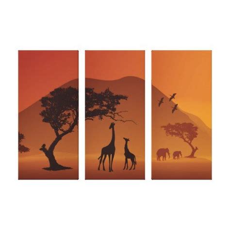 African Safari Three Panel Wrapped Canvas Gold Wall Art African