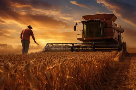 Farmer Harvesting Ripe Crops Such As Wheat Corn And Soybeans With