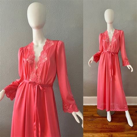 Olga Intimates Sleepwear Vintage S S Pink Nylon Olga Victorian Lingerie Lace Long Robe
