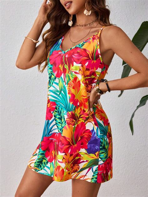 Shein Vcay Vestido Estampado Tropical Floral Sem Mangas Plus Size