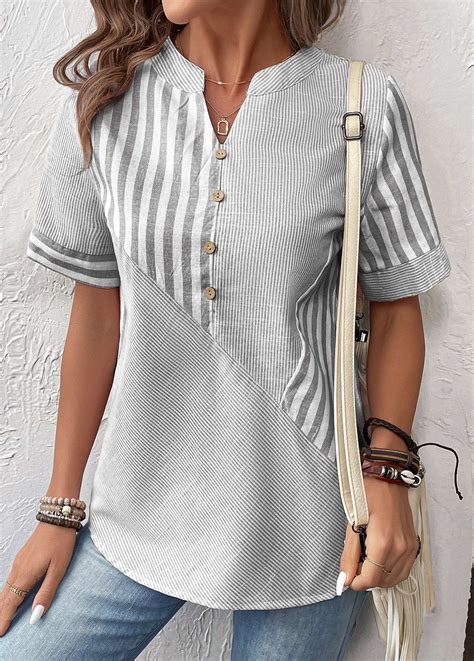 Grey Patchwork Striped Short Sleeve Split Neck Blouse