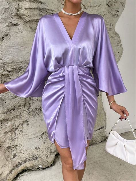 SHEIN Privé Batwing Sleeve Ruched Draped Detail Satin Dress SHEIN USA