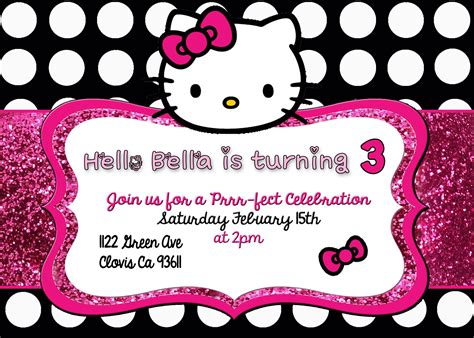 Hello Kitty Birthday Party Invitation Invite Pink Black White Polka Dot