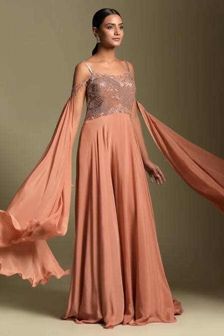 Buy Peach Georgette Embroidery Thread Sweetheart Neck Sequin Bodice