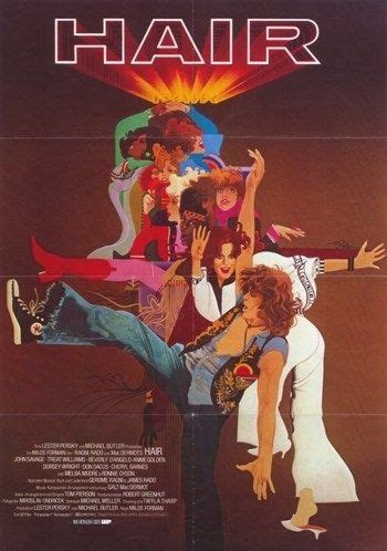 a movie poster for hair with the cast members in costume and onlookers