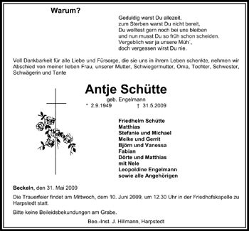 Traueranzeigen von Antje Schütte nordwest trauer de