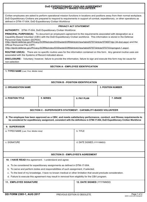 Dd Form 2365 1 Dod Expeditionary Civilian Agreement Capability Based