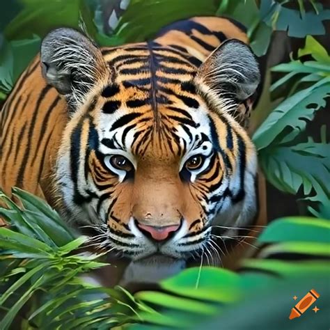 Close Up Of Tiger Eyes Through Jungle Leaves On Craiyon