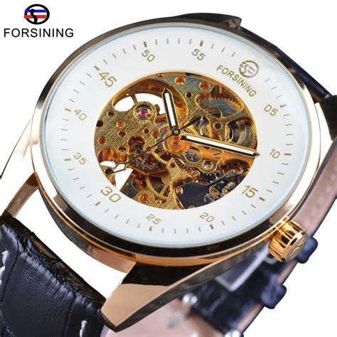 Forsining Transparent Case Genuine Leather Strap Skeleton Mens