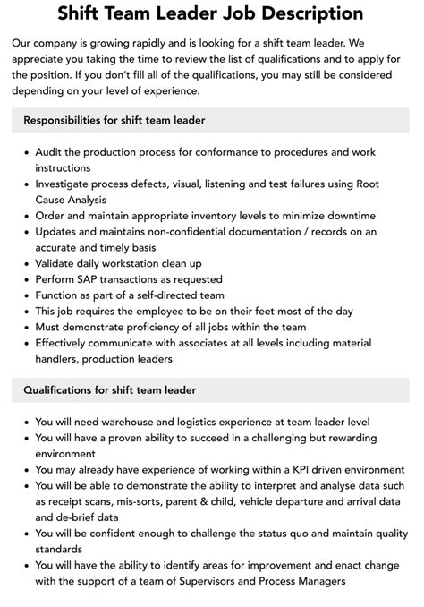 Shift Team Leader Job Description Velvet Jobs