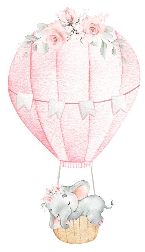 Safari Pink Watercolor Hot Air Balloon Decal With Sleeping Elephant