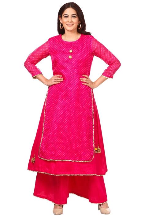 Pink Leheriya Double Layered Kurti With Flared Palazzos Ikat Dress