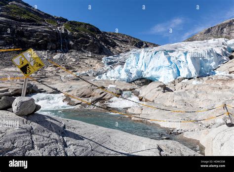 Warning Precaution Danger Signal In Nigardsbreen Glacier