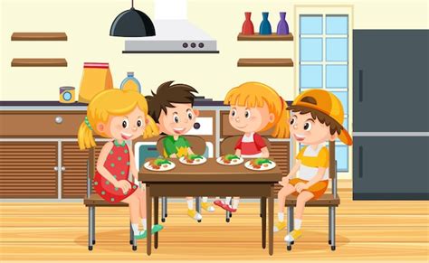 Niños Comiendo En La Cocina Vector Premium