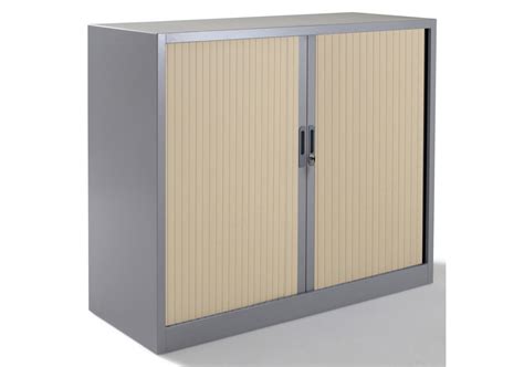 Armoire métal basse à rideaux L100 H100 cm coloris gris portes chêne