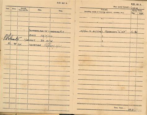 Log Book For Lt D W Gay Summery For B Conversion Flight